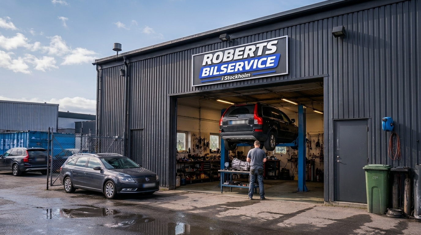 Roberts Bilservice verkstad i Skogås med bil på lyft och skylt över garageöppningen